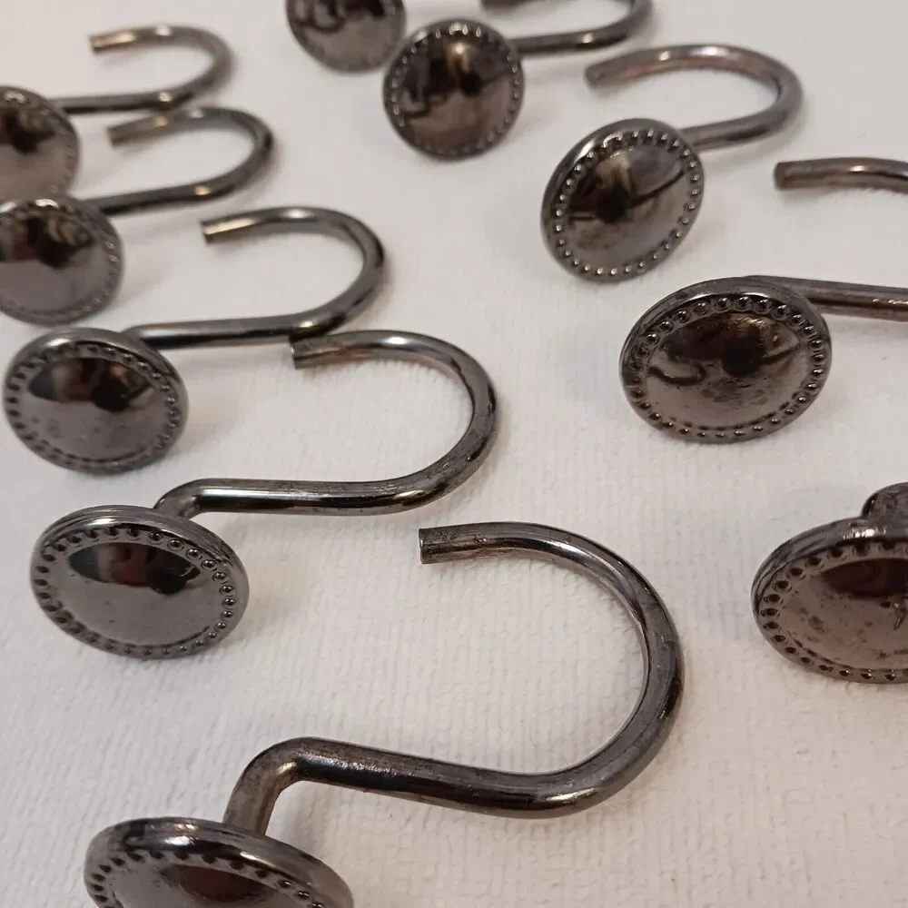 10 Shower‎ Curtain Hooks LUXE Decor Button Style Polished Gunmetal Dark PRETTY!